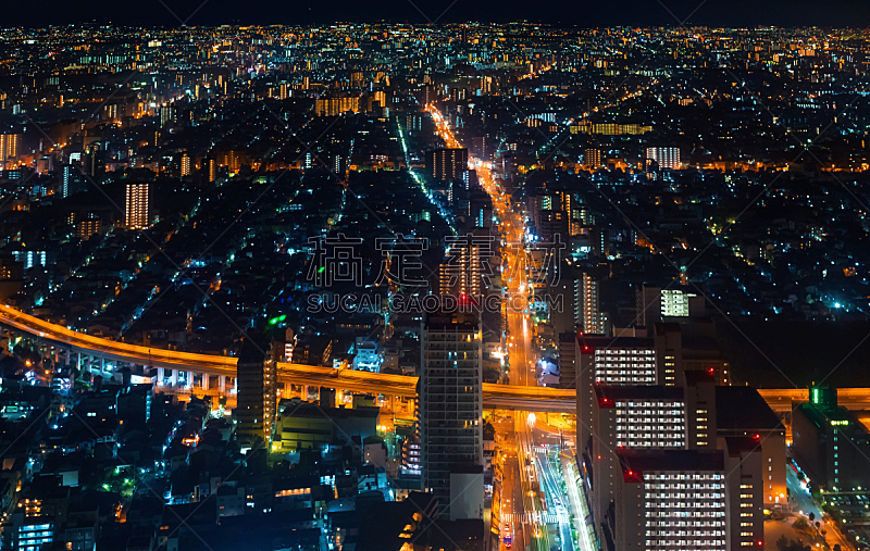 日本,夜晚,航拍视角,大阪府,暗色,汽车,交通,路口,公路,多车道公路
