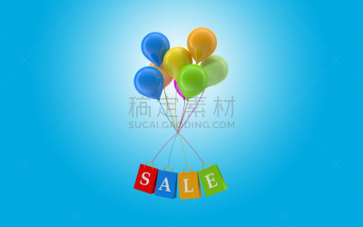 气球,色彩鲜艳,蓝色背景,纸袋,公亩,文字,悬挂的,促销,飞,做