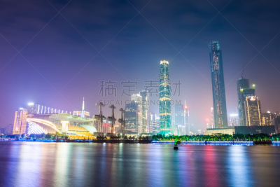 夜晚,广州,城市天际线,水,天空,新的,水平画幅,无人,户外,都市风景