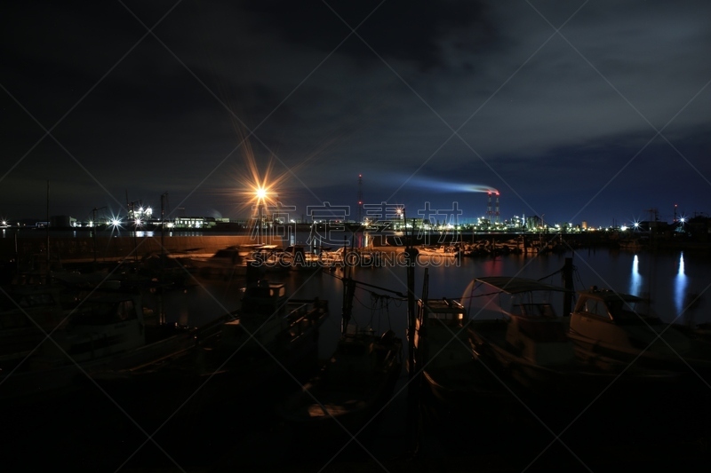 夜晚,工厂,船,水,天空,工业区,水平画幅,云,无人,海港