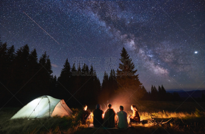 大篝火,森林,夜晚,旅行者,坐