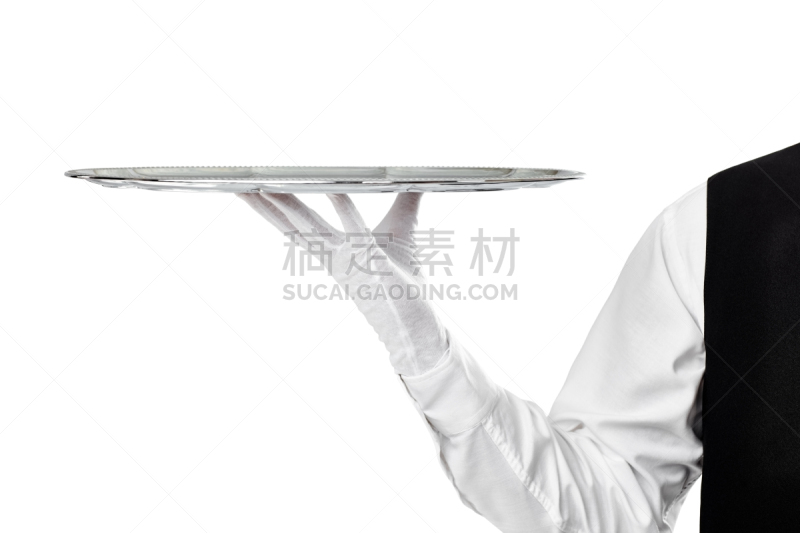 男招待,银,空的,拿着,高雅,餐盘,半球形盘,管家,门卫,仆人