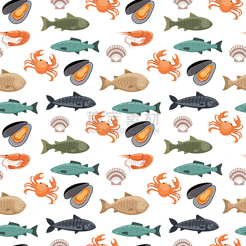 四方连续纹样,鱼类,白色背景,反差,字体,海洋生命,纺织品,食品,动物,河流