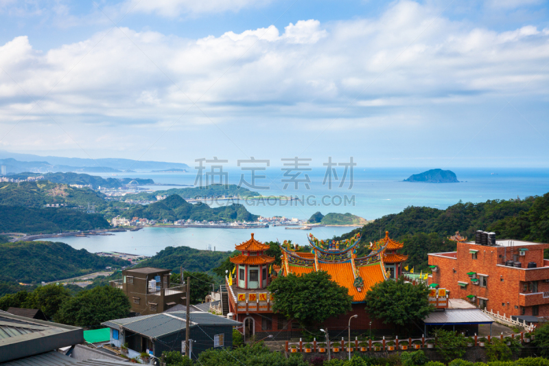 Views of the old Chinese temple and the ocean coast, Jiufen, Taiwan