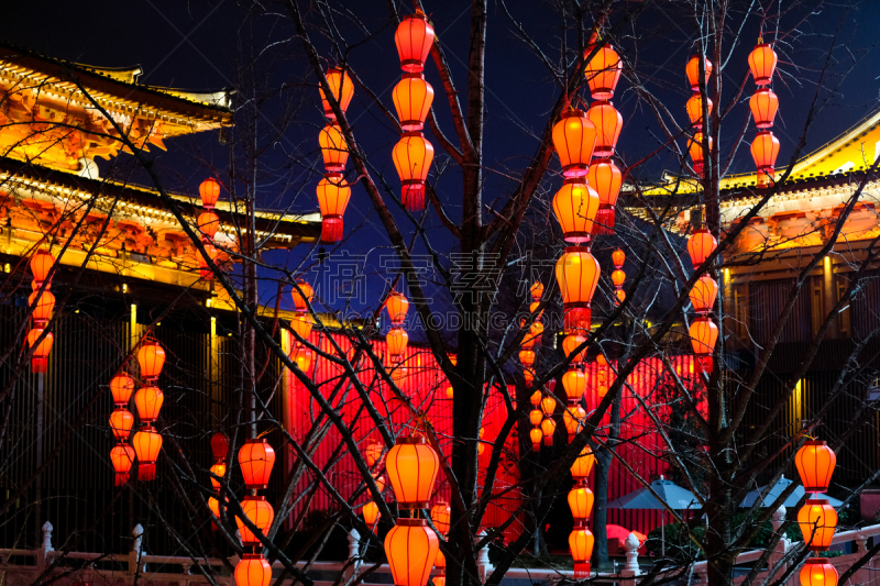 灯笼,亭台楼阁,旅游目的地,新年,传统,红色,春节,中国灯笼,新年前夕,图像