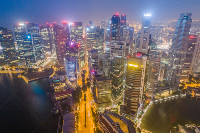 Aerial view Panoramic of the Singapore Skyline and Marina Bay, the marina is the centre of the economy in singapore, there are here all the building of all the majors bank and insurance.