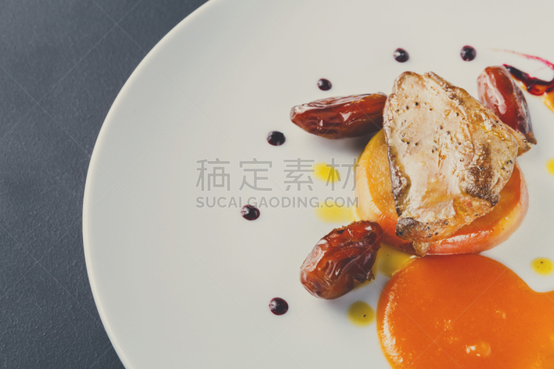 水果,鹅肝酱,苹果,枣椰子,烤的,肉制品,菜单,暗色,华贵,酱汁