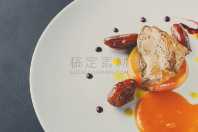 水果,鹅肝酱,苹果,枣椰子,烤的,肉制品,菜单,暗色,华贵,酱汁