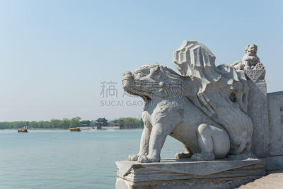 湖,狮子,颐和园,北京,石头,水,天空,水平画幅,云,无人
