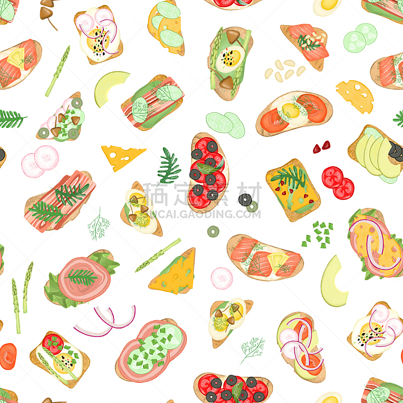蔬菜,食品,成分,四方连续纹样,三明治,肉,白色背景,四元素,农业,菜单