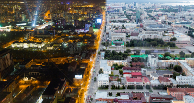 切成两分的,城市,都市风景,夜晚,白昼,全景,照明设备,直升机,黄昏,著名景点