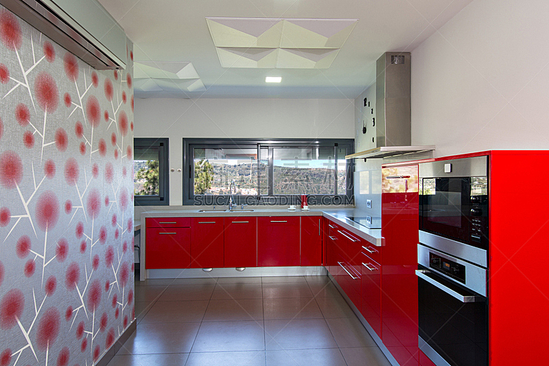 现代,厨房,红色,户外,空的,华贵,炊具,烤炉,装饰物,窗户