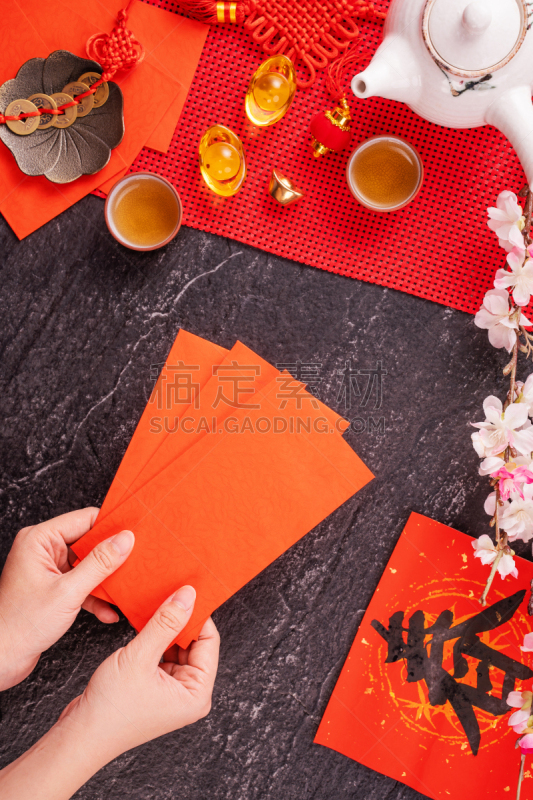 拿着,红色,概念,运气,新年前夕,平铺,在上面,女人,给予