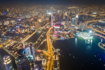 Aerial view Panoramic of the Singapore Skyline and Marina Bay, the marina is the centre of the economy in singapore, there are here all the building of all the majors bank and insurance.