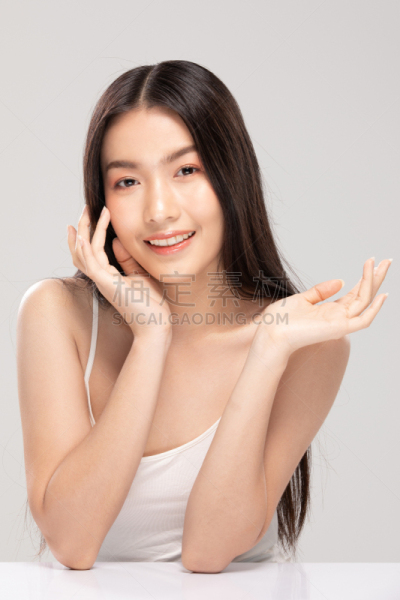 脸颊,清新,青年女人,美,快乐,自然美,概念,化妆用品,微笑,触摸