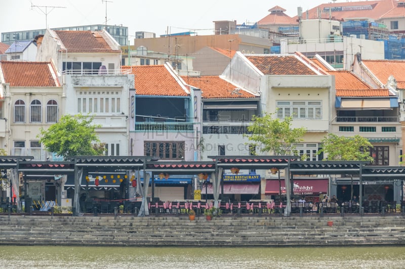 滨水,新加坡市,河流,餐馆,从上面看过去,克拉码头,水平画幅,新加坡,别墅