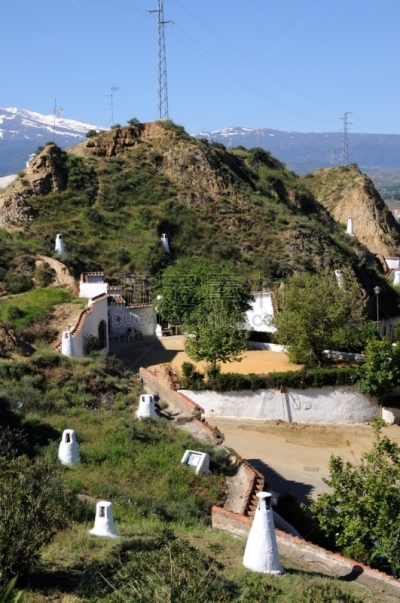 瓜迪克斯,西班牙,崖洞,格拉纳达省,建筑物门,雪,春天,内华达安达卢西亚山脉,烟囱,岩石