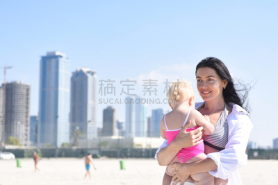 婴儿,海滩,母亲,进行中