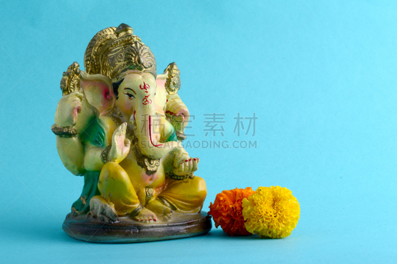 偶像,印度神像,象鼻神葛尼沙,蓝色背景,传统,贺卡,象,万寿菊,甘尼许节,动物头