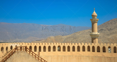 天空,城墙,蓝色,宣礼塔 ,在下面,在之后,万里无云