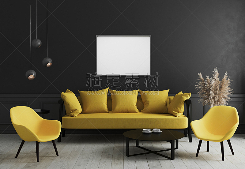 住宅房间,极简构图,黑色,相框,黄色,高雅,空白的,华贵,沙发,室内