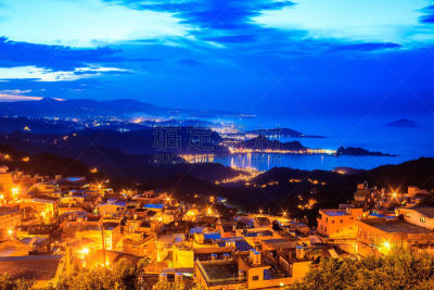 风景,海滩,山,九份,茶馆,水平画幅,夜晚,无人,户外,都市风景