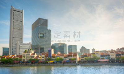 新加坡市,全景,黄昏,鱼尾狮,滨海湾 ,水平画幅,新加坡,夜晚,无人,户外