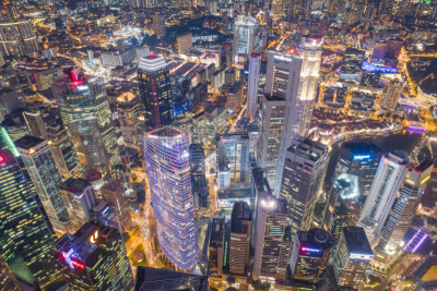 Aerial view Panoramic of the Singapore Skyline and Marina Bay, the marina is the centre of the economy in singapore, there are here all the building in singapore central
