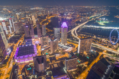 Aerial view Panoramic of the Singapore Skyline and Marina Bay, the marina is the centre of the economy in singapore, there are here all the building in singapore central