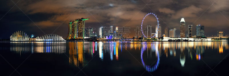 新加坡,城市天际线,滨海湾金沙酒店,滨海湾 ,水平画幅,建筑,夜晚,无人,全景,黄昏