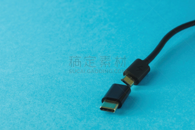 电缆,USB线,留白,小的,蓝色背景,英文字母C,选择对焦,打字