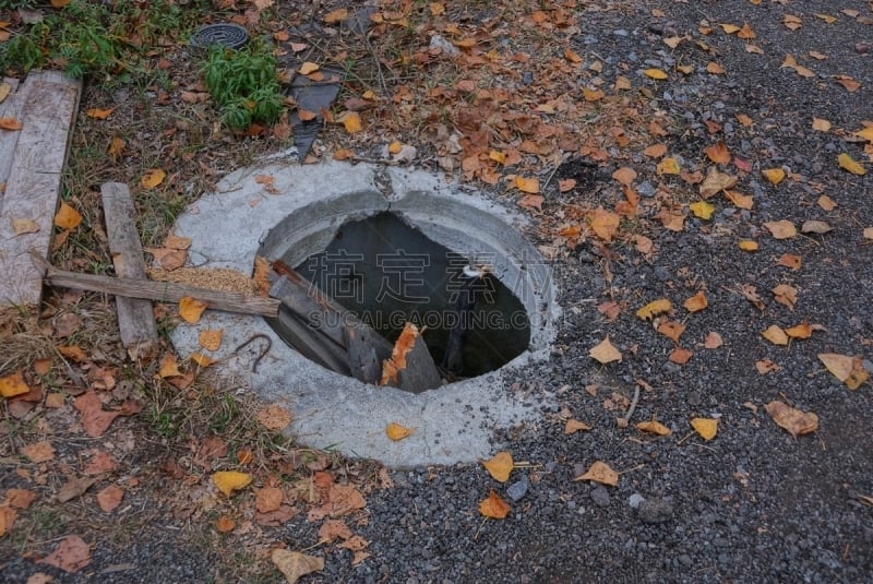 污水,混凝土,开着的,在活动中,坑,被抛弃的,地下的,排水口,洞,簇叶从生的