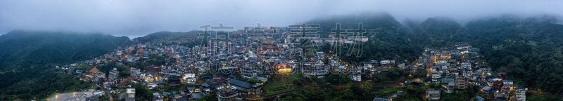 A foggy morning over Jiufen, Taiwan. Aerial drone photo
