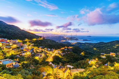 夜晚,视角,九份,茶馆,天空,水平画幅,山,无人,曙暮光,户外
