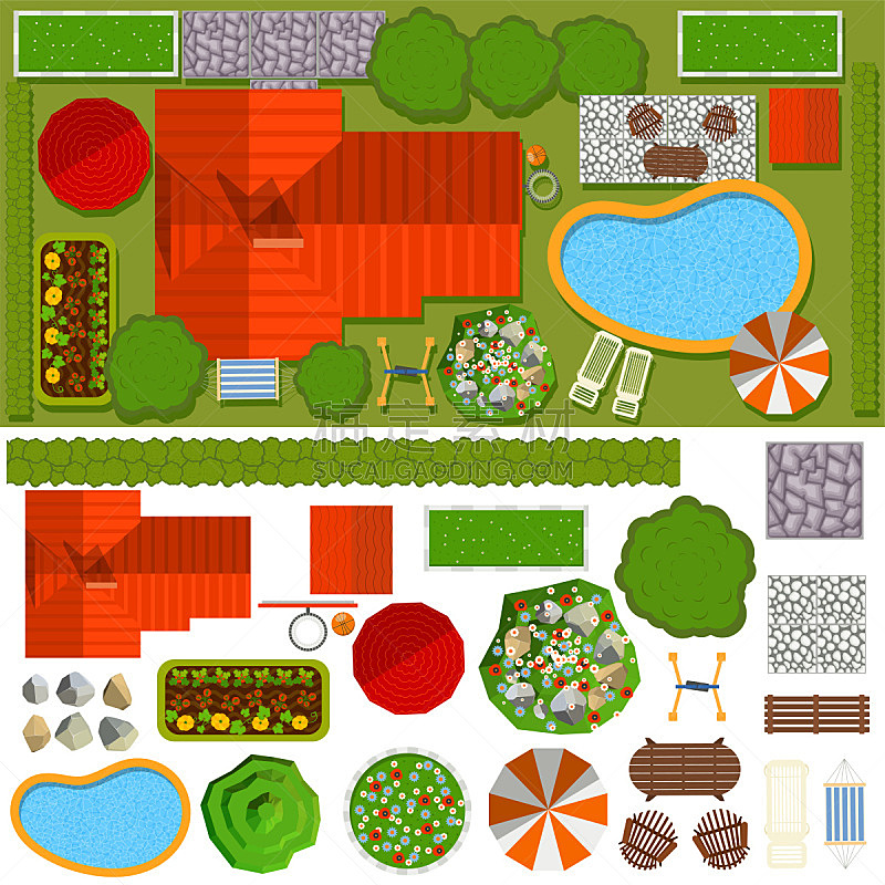 绘画插图,草坪,居住区,建筑业,矢量,绿色,房地产,房屋,游泳池,屋顶