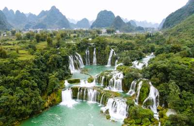 越南,瀑布,航拍视角,湿,清新,自然界的状态,热带气候,公园,石灰石,喀斯特