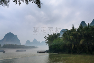 兴平,雾,河流,乘客,在上面,遇龙河,漓江,阳朔,桂林,喀斯特