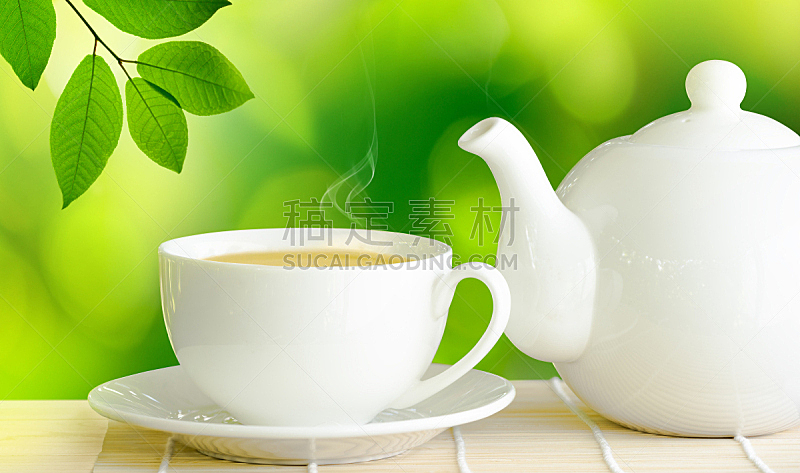 绿茶,杯,白色,茶壶,桌子,木制,饮料,茶,清新,茶杯