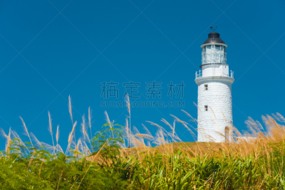 灯塔楼,草,高大的,妈祖,马祖岛,梯牧草,留白,蓝色,水平画幅,无人