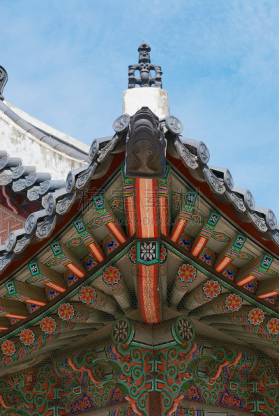 景福宫,首尔,天空,韩国,屋顶,宫殿,蓝色,建筑外部,垂直画幅,古董