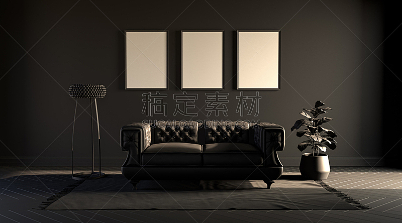 沙发,落地灯,地毯,单色调,植物群,灰色,简单,暗房,三维图形,椅子