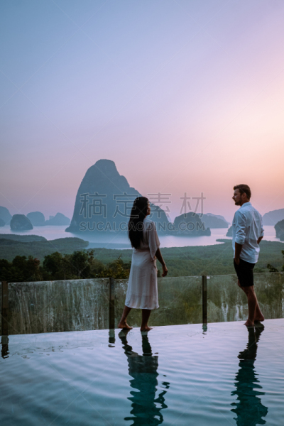 泰国,攀牙湾,游泳池,无边际泳池,伴侣,海湾,视角,看风景,在边上,日出
