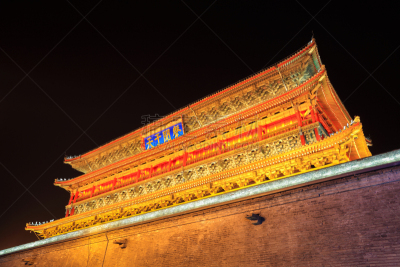 西安,鼓楼,陕西省,旅游目的地,水平画幅,建筑,夜晚,无人,建筑外部,户外