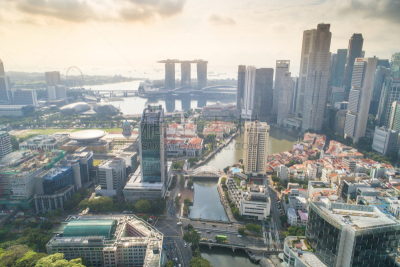 Aerial view Panoramic of the Singapore Skyline and Marina Bay, the marina is the centre of the economy in singapore, there are here all the building in singapore central