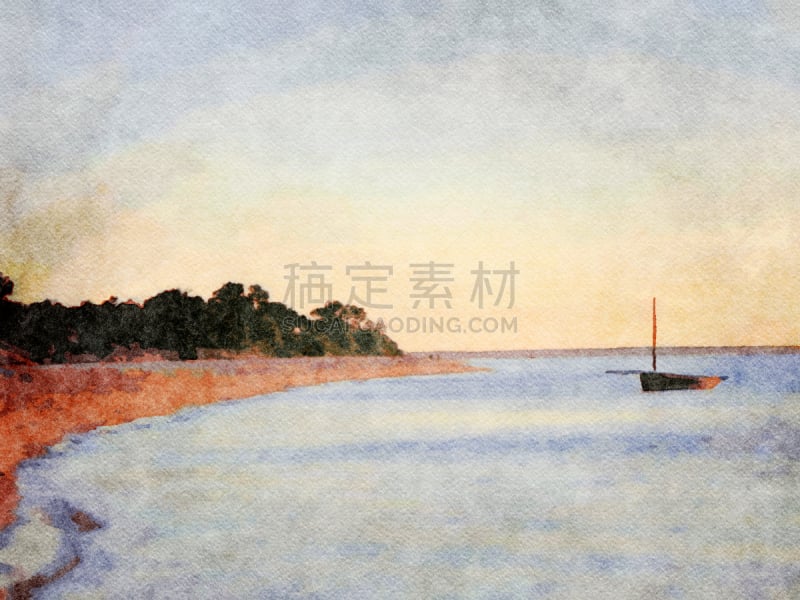 绘画插图,莫桑比克,海景,平衡折角灯,水彩画,水彩画颜料,热带气候,船,自制的,海岸线