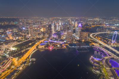 Aerial view Panoramic of the Singapore Skyline and Marina Bay, the marina is the centre of the economy in singapore, there are here all the building in singapore central
