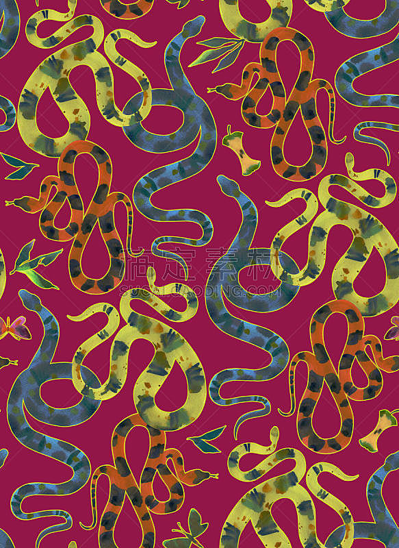 蛇,四方连续纹样,水彩画,华丽的,水彩画颜料,几何形状,美术工艺,纺织品,野生动物,复古风格