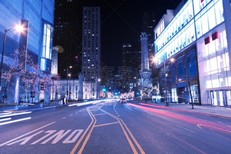 夜晚,芝加哥市,街道,星迹,办公室,水,水平画幅,交通,商店