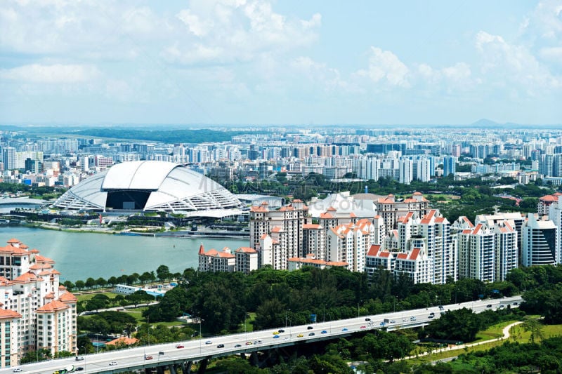 新加坡市,都市风景,航拍视角,滨海湾 ,水,天空,留白,水平画幅,高视角,新加坡