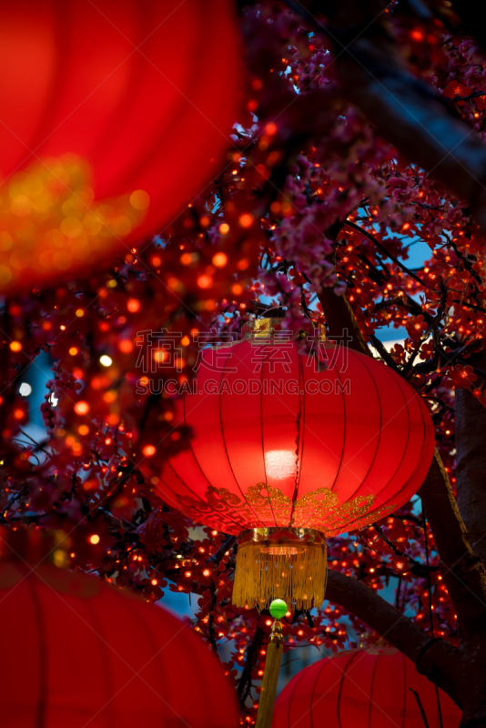 红色,悬挂的,灯笼,高大的,户外,黄昏,夜晚,季节,春天,组物体